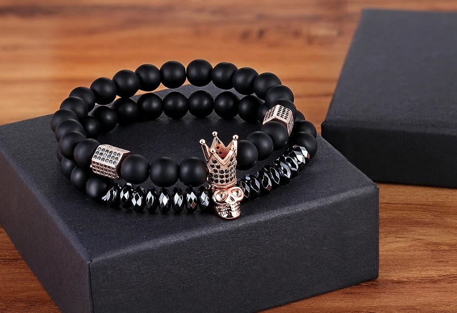 TYO 2Pcs/Set Women Mens CZ Royal Crown Skull Charms 8MM Black Matte Bead Strand Bracelets for Couple Valentine's Day Gifts