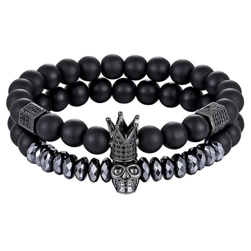TYO 2Pcs/Set Women Mens CZ Royal Crown Skull Charms 8MM Black Matte Bead Strand Bracelets for Couple Valentine's Day Gifts