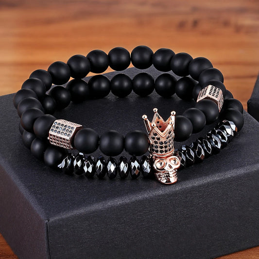 TYO 2Pcs/Set Women Mens CZ Royal Crown Skull Charms 8MM Black Matte Bead Strand Bracelets for Couple Valentine's Day Gifts