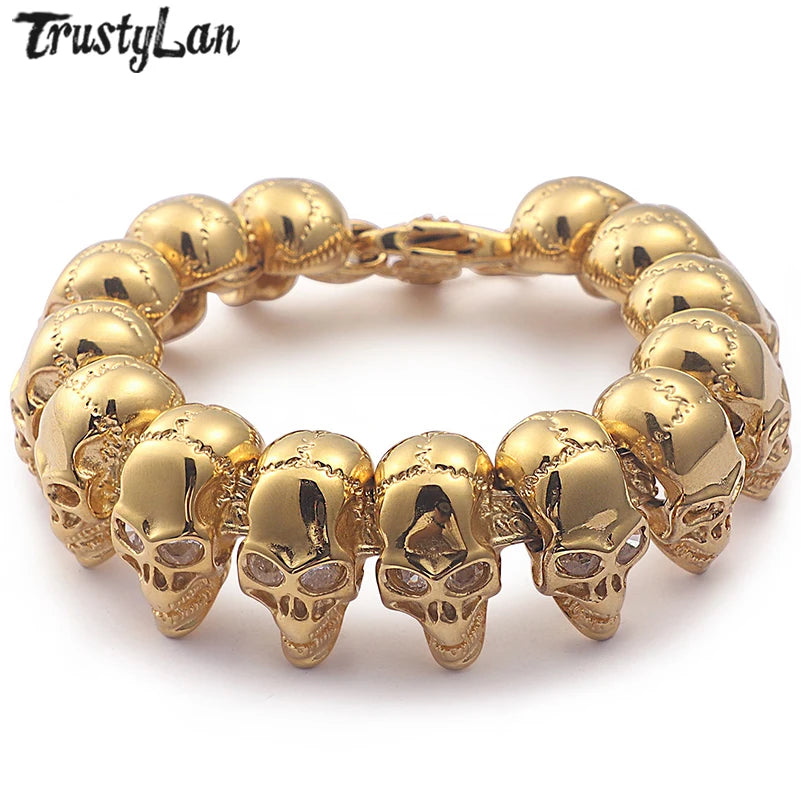 Gold Color Stainless Steel 8.6" Large Skull Hand Chain Men's Bracelets For Men Gothic Punk Rock Skeleton Biker Jewelry Polished