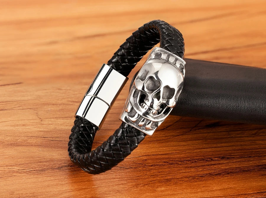 TYO Cool Style Men Leather Bracelets & Bangles Skull Owl Scorpion Snake Braided Wrap Stainless Steel Bracelets For Halloween
