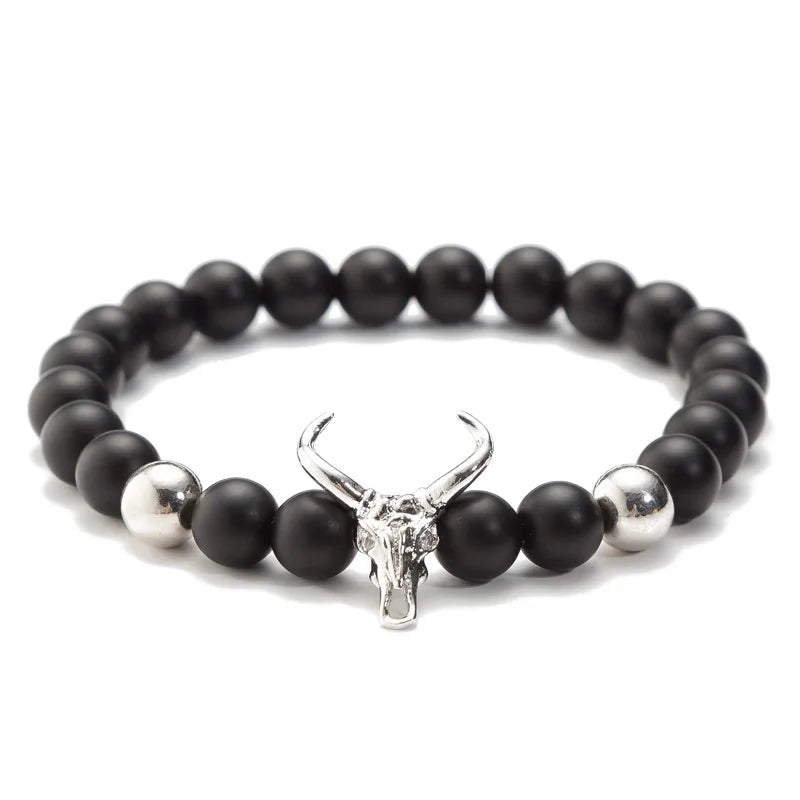 Punk CZ Bull Head Skull Men Bracelet Fashion 8MM Lava Stone Beads Charm Bracelets & Bangles Macrame Strand Jewelry Gift