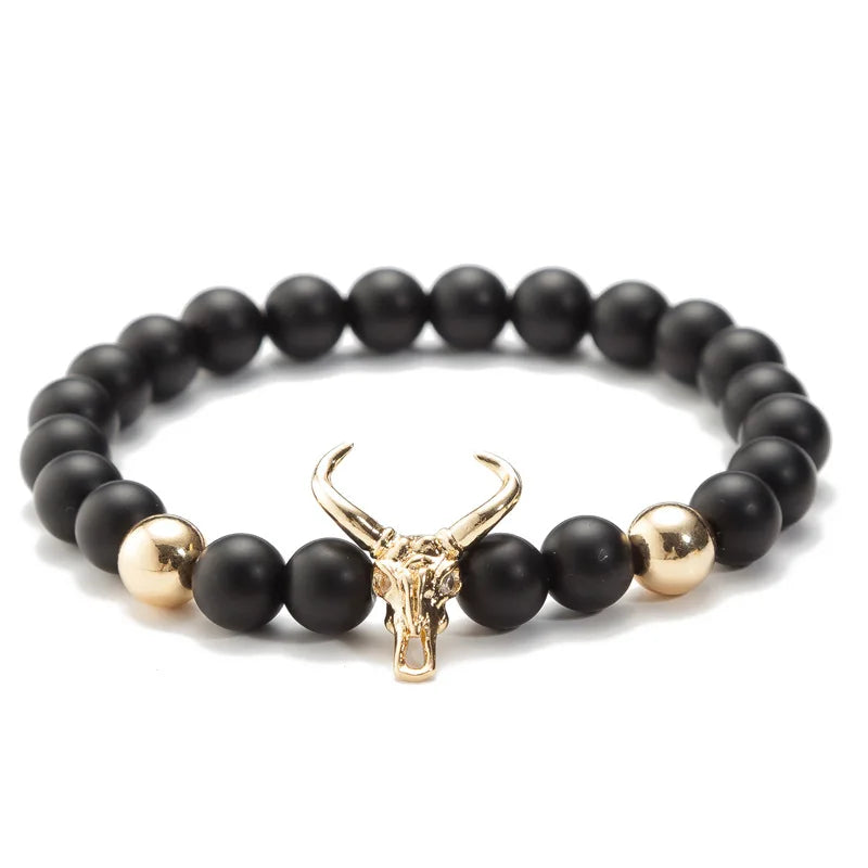 Punk CZ Bull Head Skull Men Bracelet Fashion 8MM Lava Stone Beads Charm Bracelets & Bangles Macrame Strand Jewelry Gift