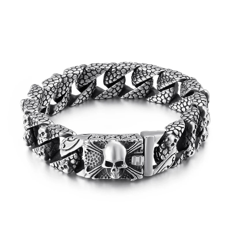 Fongten Gothic Mens Bracelets Stainless Steel Skull Franco Curb Chain Bracelet For Men Multiple Color Skeleton Armband Jewelry