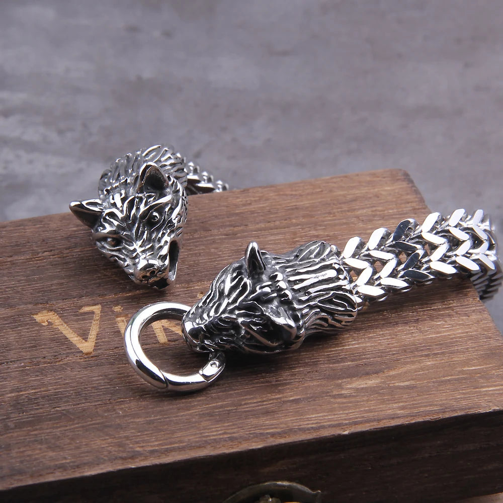 Never Fade Rock Viking Wolf Charm Bracelet Men's Stainless Steel Mesh Chain Gold Wolf Punk Jewelry without box