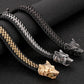 Vintage Double Wolf Lion Head Men's Bracelets 23CM Long Braided Genuine Leather & Stainless Steel Gothic Skull Bracelet for Men