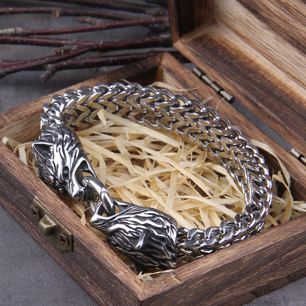 Never Fade Rock Viking Wolf Charm Bracelet Men's Stainless Steel Mesh Chain Gold Wolf Punk Jewelry without box