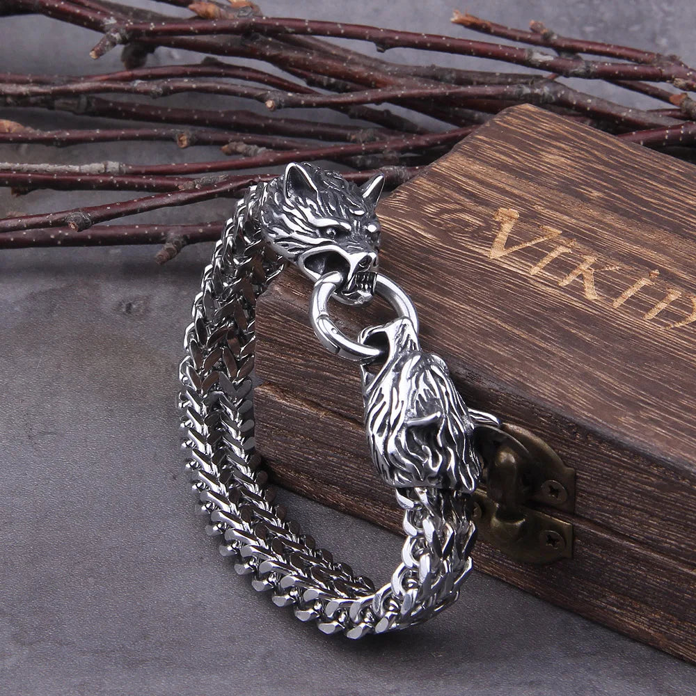 Never Fade Rock Viking Wolf Charm Bracelet Men's Stainless Steel Mesh Chain Gold Wolf Punk Jewelry without box