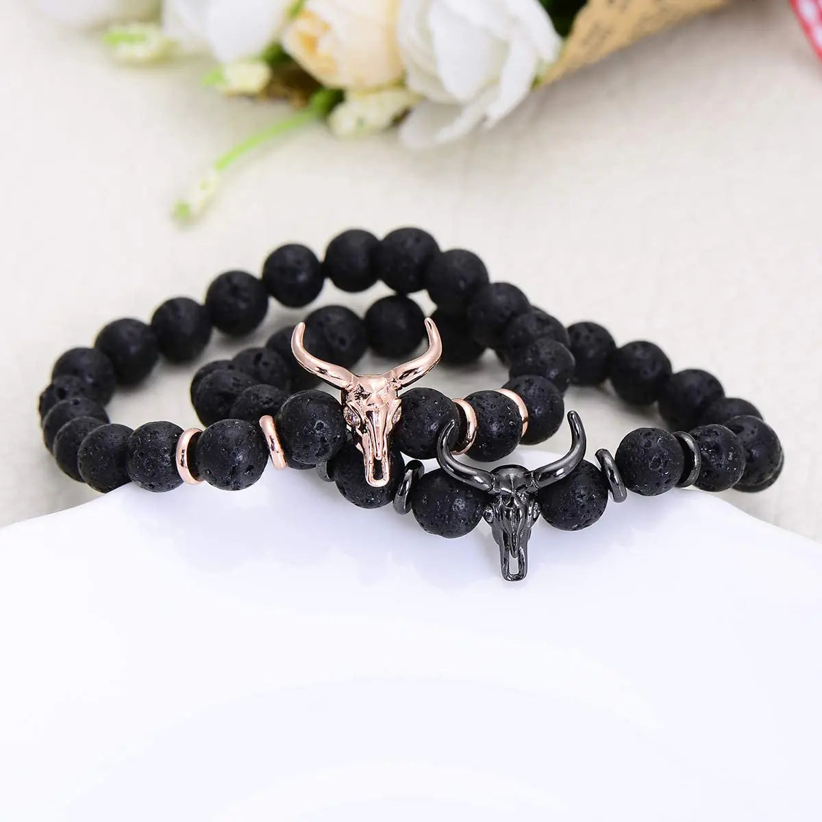 Punk CZ Bull Head Skull Men Bracelet Fashion 8MM Lava Stone Beads Charm Bracelets & Bangles Macrame Strand Jewelry Gift
