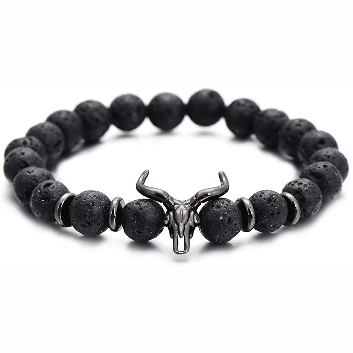 Punk CZ Bull Head Skull Men Bracelet Fashion 8MM Lava Stone Beads Charm Bracelets & Bangles Macrame Strand Jewelry Gift