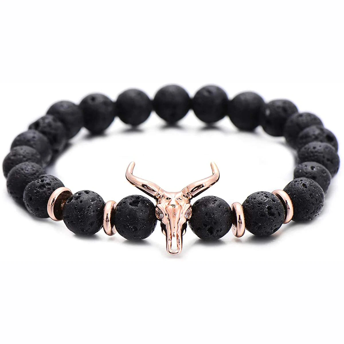 Punk CZ Bull Head Skull Men Bracelet Fashion 8MM Lava Stone Beads Charm Bracelets & Bangles Macrame Strand Jewelry Gift
