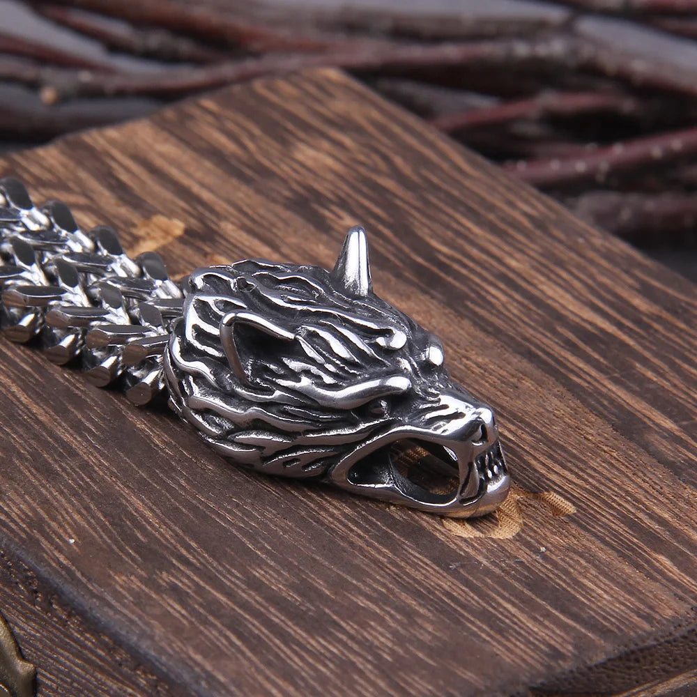 Never Fade Rock Viking Wolf Charm Bracelet Men's Stainless Steel Mesh Chain Gold Wolf Punk Jewelry without box