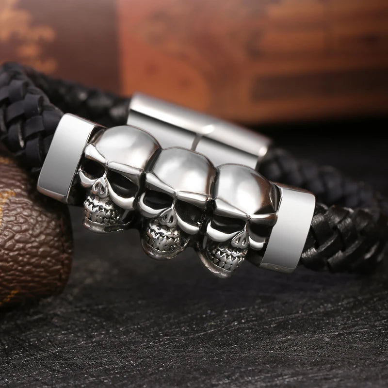 Hyperbole Men Jewelry Black Braided Leather Bracelets Stainless Steel Leahter Bracelets Cool Skull Bracelets Men Bracelet