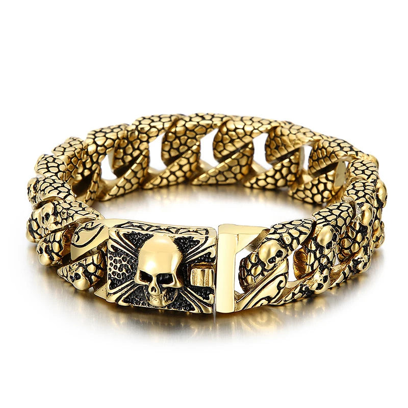 Fongten Gothic Mens Bracelets Stainless Steel Skull Franco Curb Chain Bracelet For Men Multiple Color Skeleton Armband Jewelry