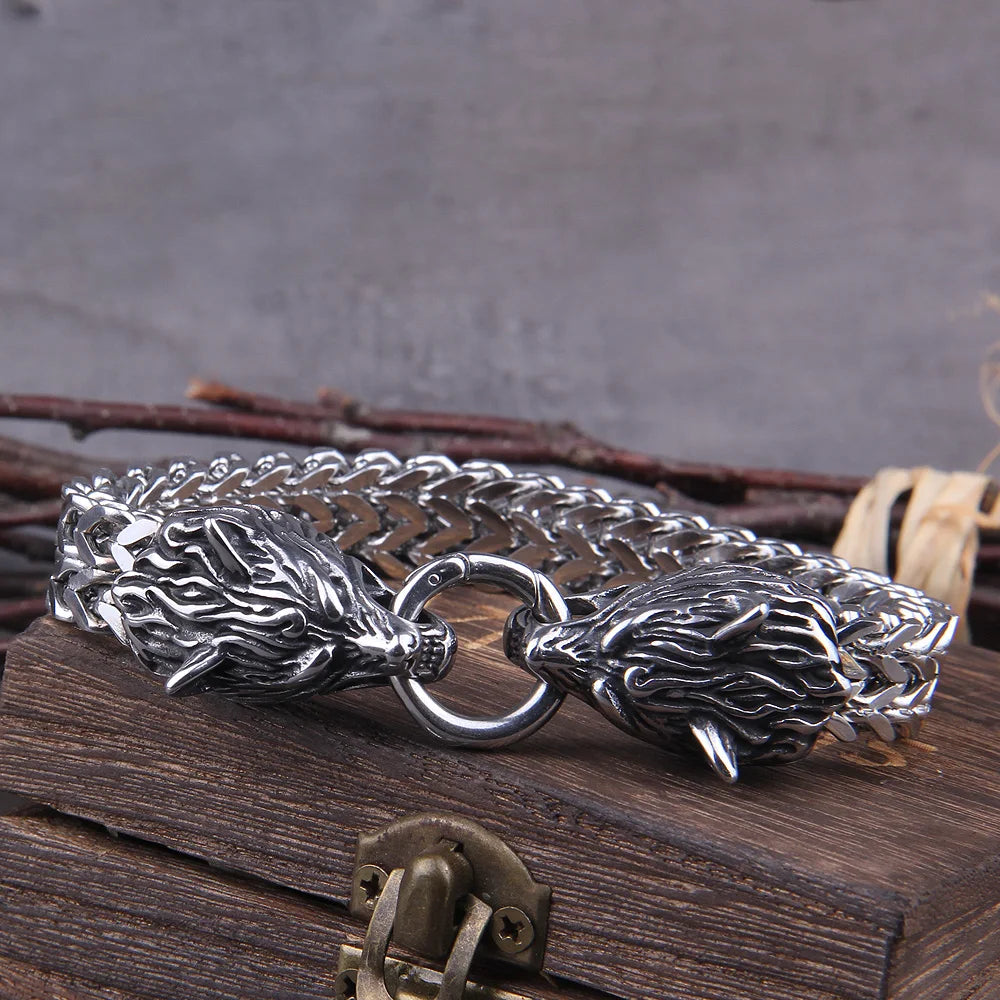 Never Fade Rock Viking Wolf Charm Bracelet Men's Stainless Steel Mesh Chain Gold Wolf Punk Jewelry without box