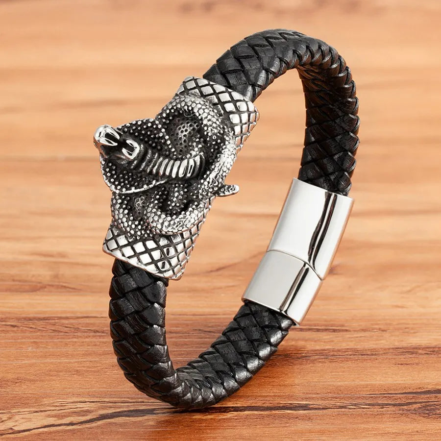 TYO Cool Style Men Leather Bracelets & Bangles Skull Owl Scorpion Snake Braided Wrap Stainless Steel Bracelets For Halloween