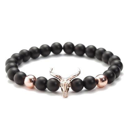 Punk CZ Bull Head Skull Men Bracelet Fashion 8MM Lava Stone Beads Charm Bracelets & Bangles Macrame Strand Jewelry Gift