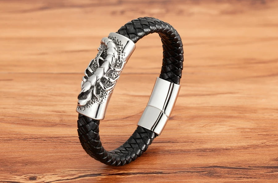 TYO Cool Style Men Leather Bracelets & Bangles Skull Owl Scorpion Snake Braided Wrap Stainless Steel Bracelets For Halloween