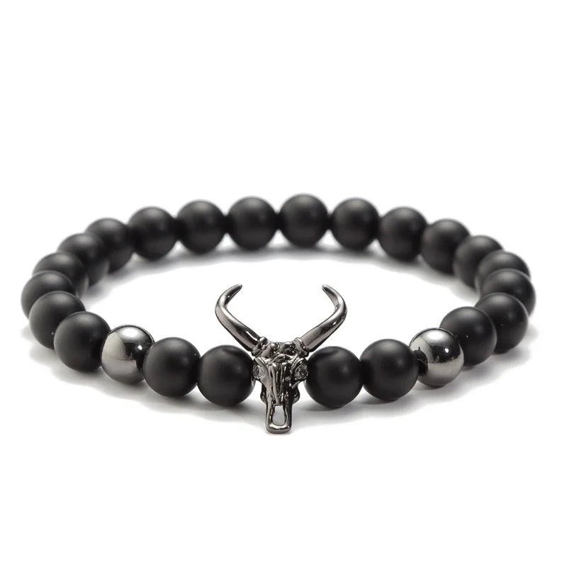 Punk CZ Bull Head Skull Men Bracelet Fashion 8MM Lava Stone Beads Charm Bracelets & Bangles Macrame Strand Jewelry Gift