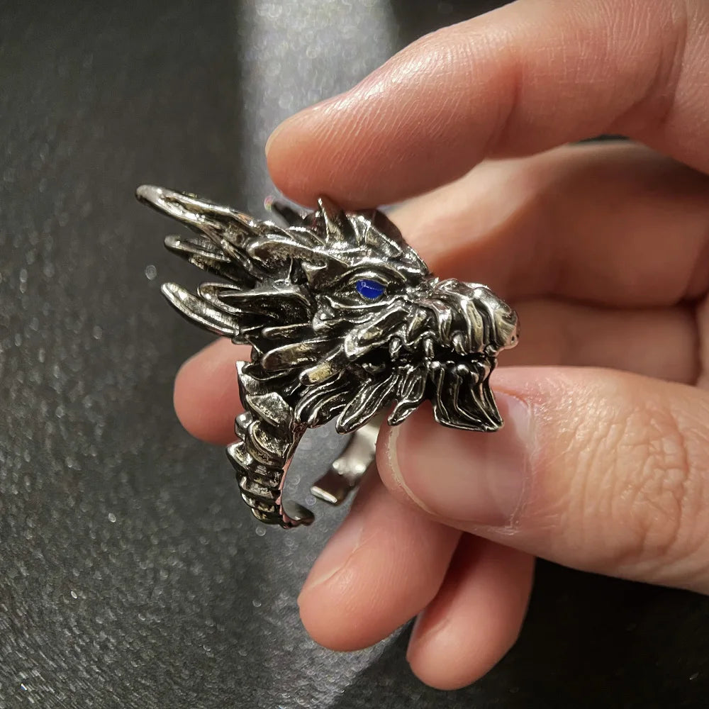 Kushala Daora Dragon of Steel Large Ring for Men Antique Gothic Open Ring Alloy Silver Plated Jewelry Cosplay Accessories Gift