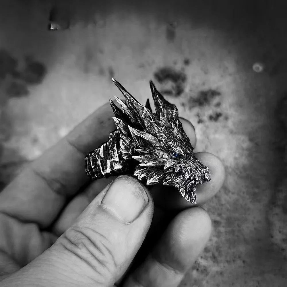 Kushala Daora Dragon of Steel Large Ring for Men Antique Gothic Open Ring Alloy Silver Plated Jewelry Cosplay Accessories Gift