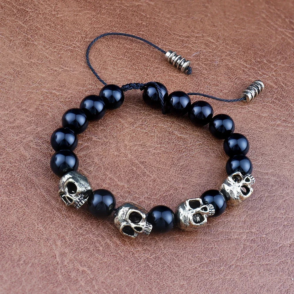 Trendy Agate Skull Bracelet Men's Vintage Handmade Adjustable Tiger's eye Bracelets Male Punk Hip Hop Charm Jewelry Dropshipping