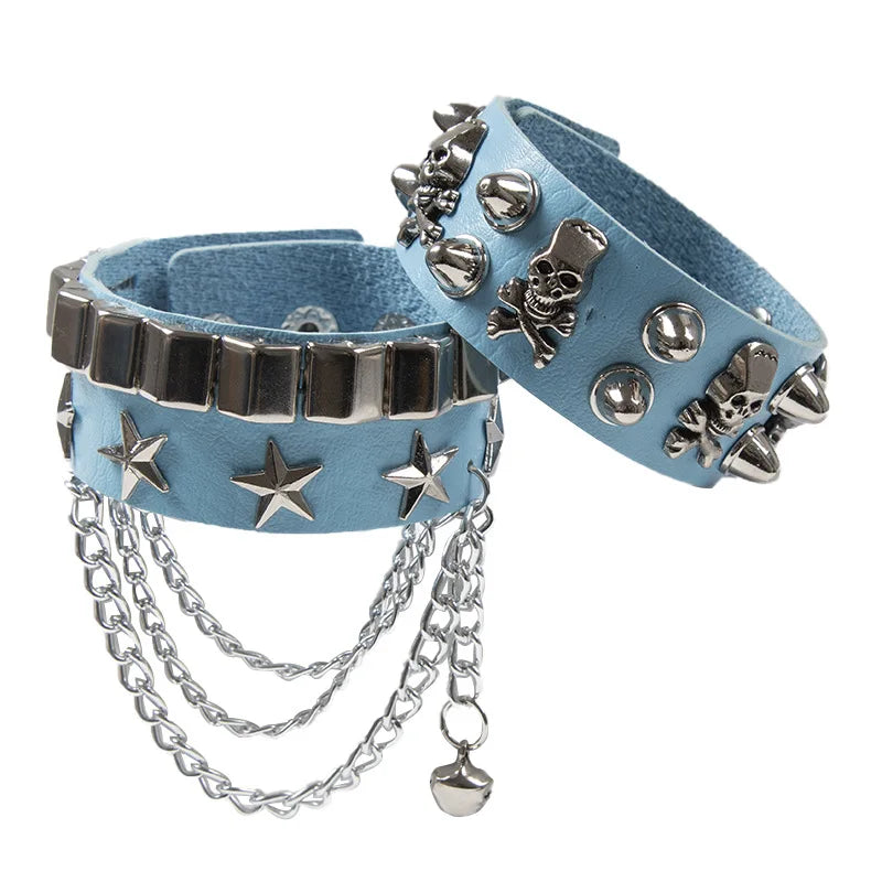 2PCS/Set Emo Goth Punk Bracelets Women Boho Skull Rivets PU Leather Bracelet Metal Chain Ball Tassels Bangles Festival Jewelry