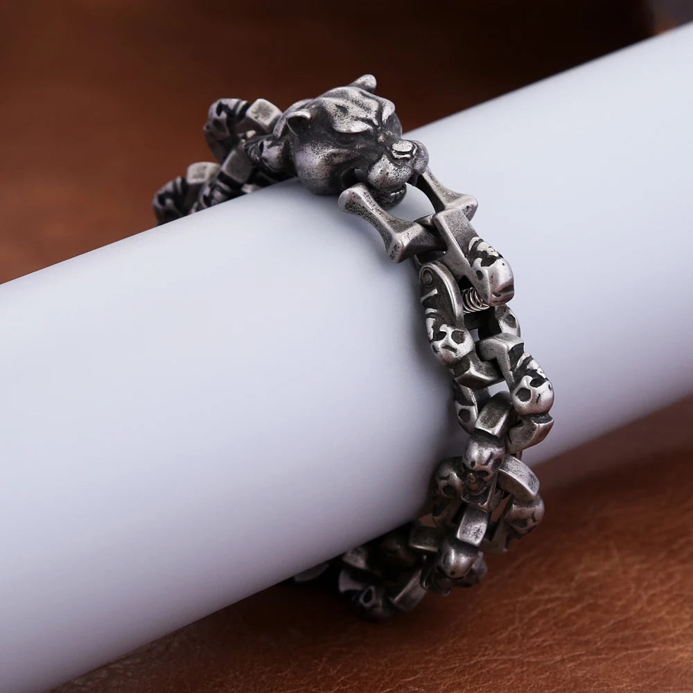 New Vintage Black Leopard Head Bracelet For Men Boys Stainless Steel High Quality Skull