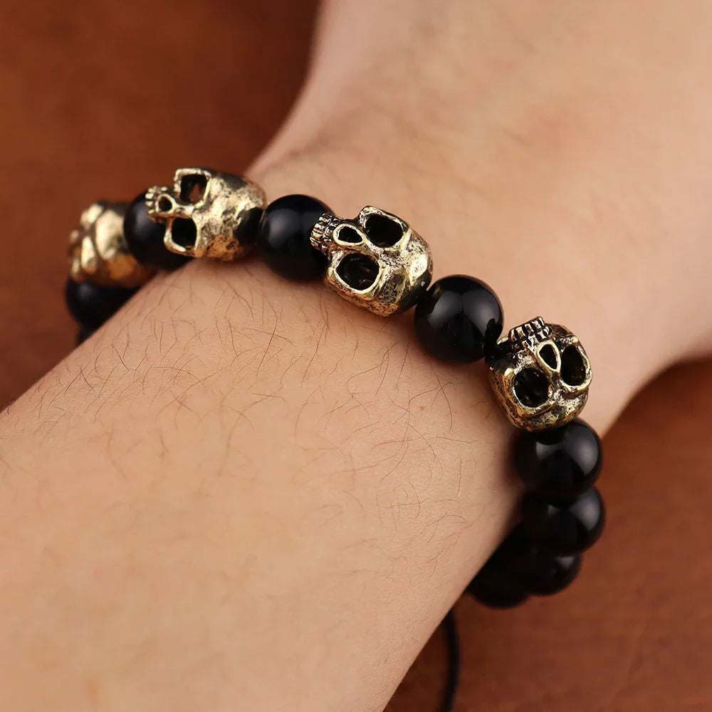 Trendy Agate Skull Bracelet Men's Vintage Handmade Adjustable Tiger's eye Bracelets Male Punk Hip Hop Charm Jewelry Dropshipping