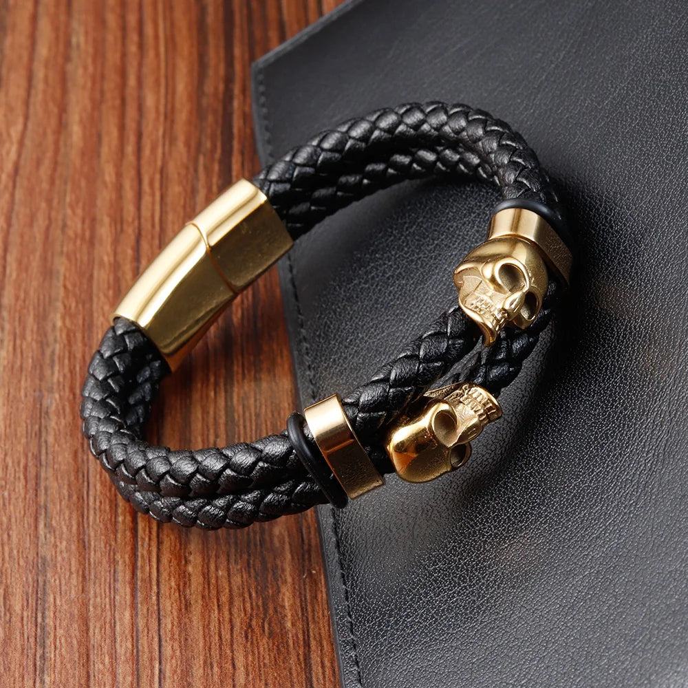 Multi-layer Bracelet Punk Stainless Steel Charm Magnetic Black Men's Leather Bracelets Braided Bangles Jewelry Homme Accessories