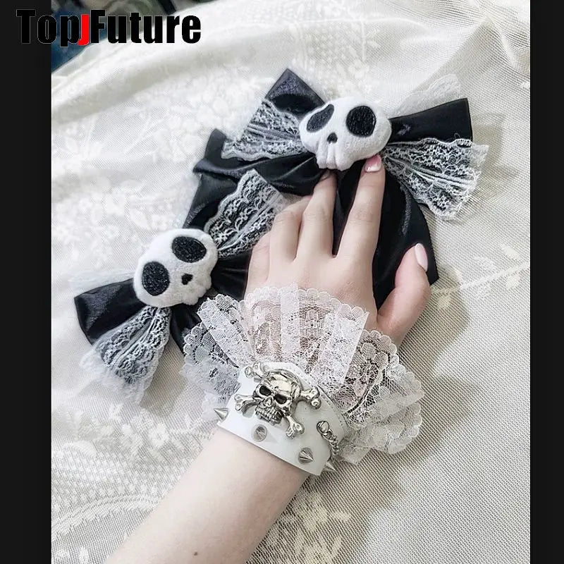 Harajuku Gothic Lolita Y2K subculture, dark punk, gothic, black and white wristband lace bracelet lace skull lace bracelet