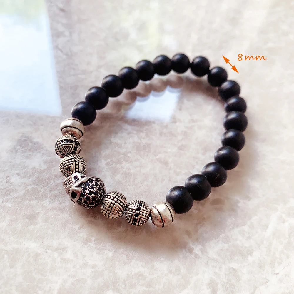 Skull Cross Bead Bracelet,Europe Style Rebel Fashion Punk Jewelry For Men And Women 925 Sterling Silver Obsidian Gift