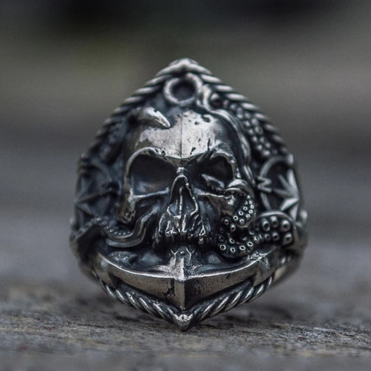 Gothic Men's Pirate Skull Ring Unique Pirate Octopus Anchor Adsorption Compass Ring Male Stainless Steel Punk Skull Biker Ring