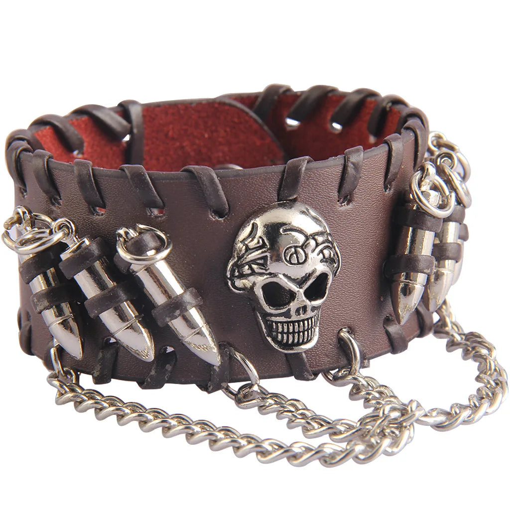 Fashion Gothic Punk Skull Metal bullet Leather Bracelet Men Bracelets & Bangles Male Arm Jewelry Red and black 2022 Accessor