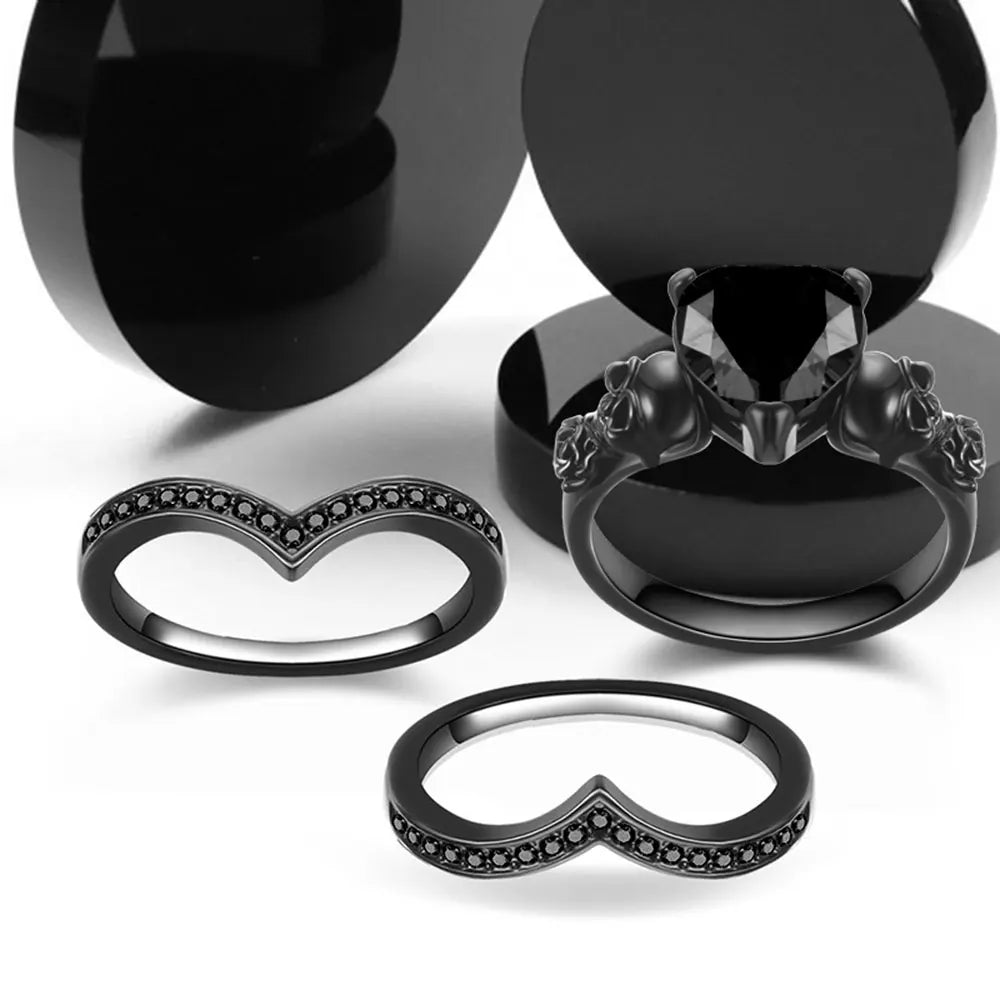 Gothic Black Rose Flower Skull Engagement Ring Set Red Purple Heart Zircon Crystal Anniversary Mother's Day Holiday Gift Jewelry