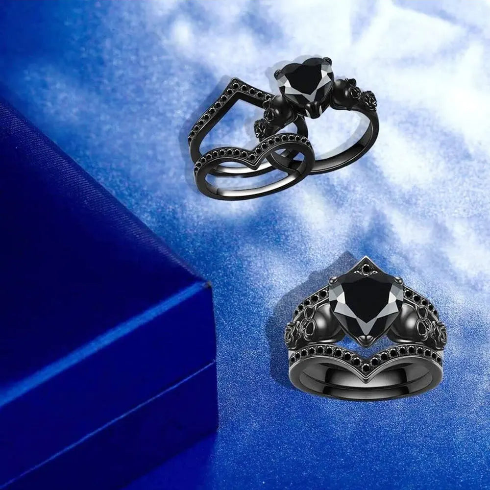 Gothic Black Rose Flower Skull Engagement Ring Set Red Purple Heart Zircon Crystal Anniversary Mother's Day Holiday Gift Jewelry