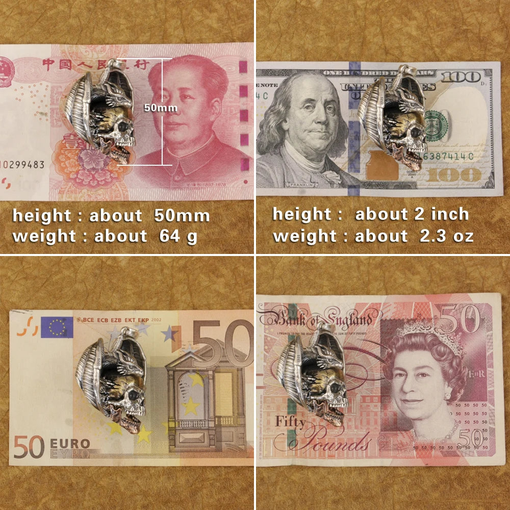 925 Sterling Silver Flying Dragon Punk Skull Pendant Details Biker Jewelry TA380