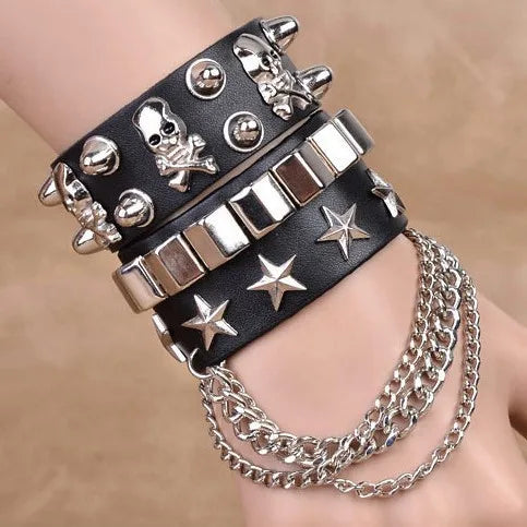 2PCS/Set Emo Goth Punk Bracelets Women Boho Skull Rivets PU Leather Bracelet Metal Chain Ball Tassels Bangles Festival Jewelry