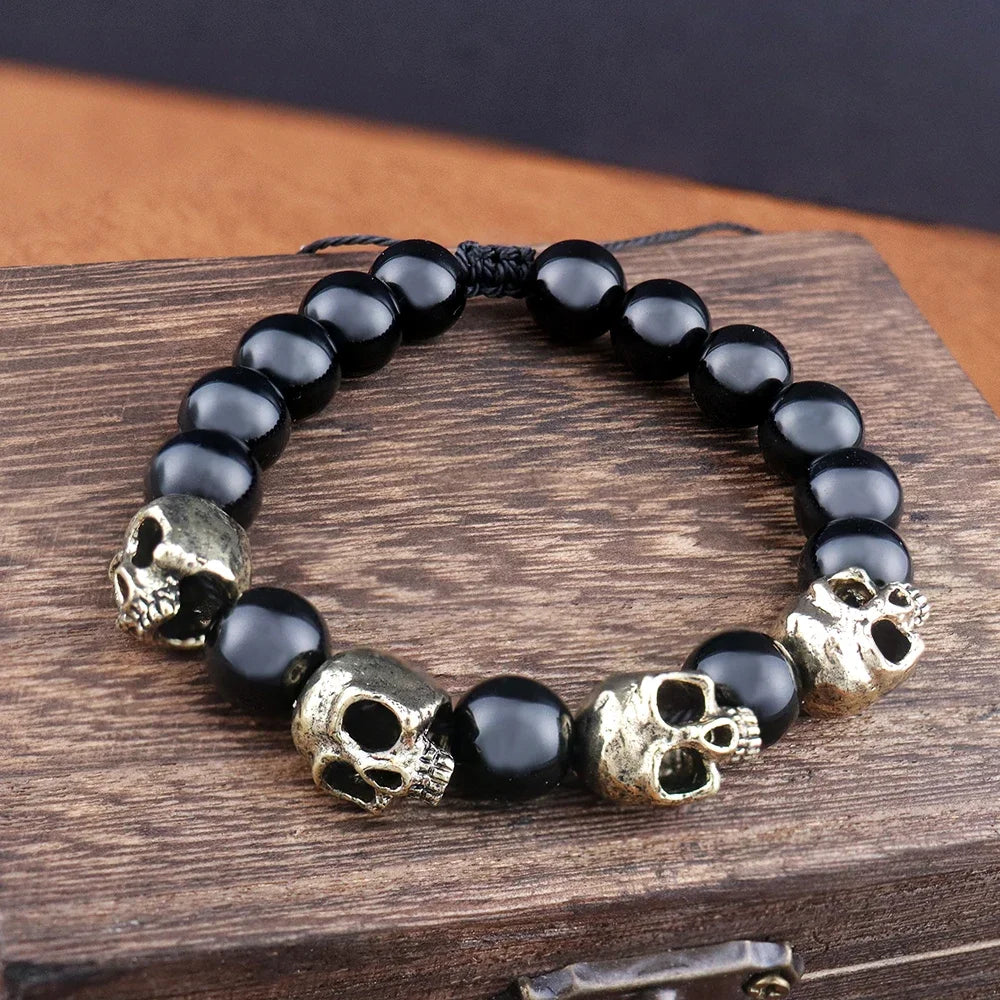 Trendy Agate Skull Bracelet Men's Vintage Handmade Adjustable Tiger's eye Bracelets Male Punk Hip Hop Charm Jewelry Dropshipping