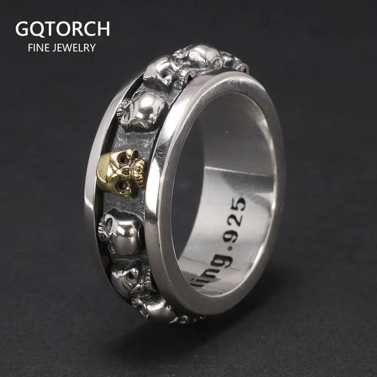 S925 Sterling Silver Rotating Spinner Skull Mens Rings Retro Punk Rock Style Aneis Vintage Fine Jewelry