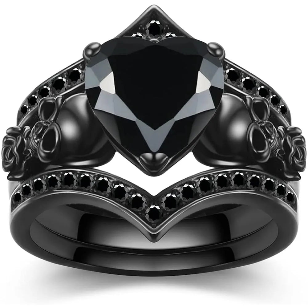 Gothic Black Rose Flower Skull Engagement Ring Set Red Purple Heart Zircon Crystal Anniversary Mother's Day Holiday Gift Jewelry