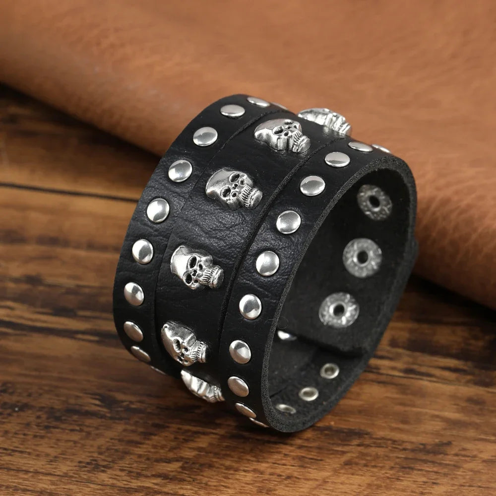 2024  Jewelry Handmade Weave Genuine Leather Bracelet Men Vintage Cuff Wide Leather Skull Bracelet Pulsera Hombre
