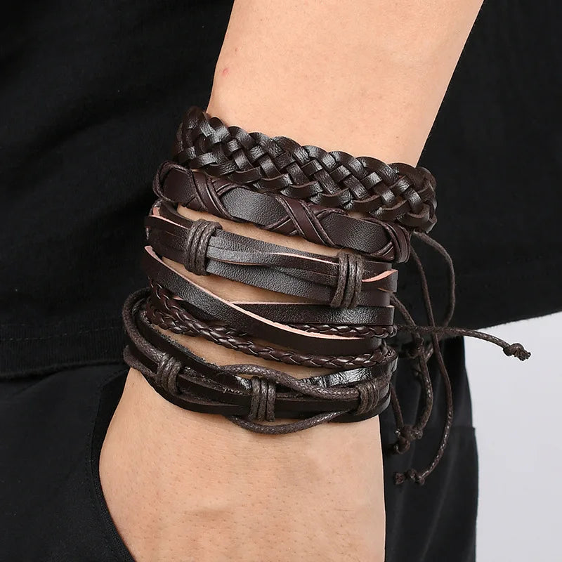 Fashion Viking Punk Bracelet For Men Hand Bracelets Multi-Layer Woven Skull Head Star Accessories Jewelry Leather Set Gifts