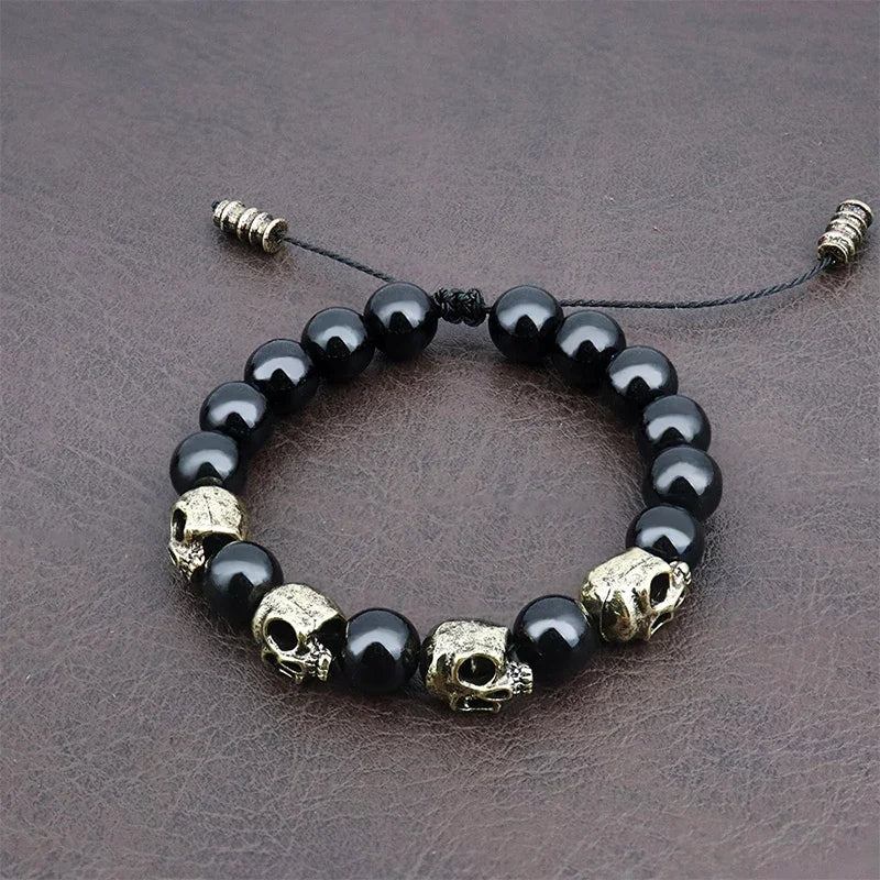 Trendy Agate Skull Bracelet Men's Vintage Handmade Adjustable Tiger's eye Bracelets Male Punk Hip Hop Charm Jewelry Dropshipping
