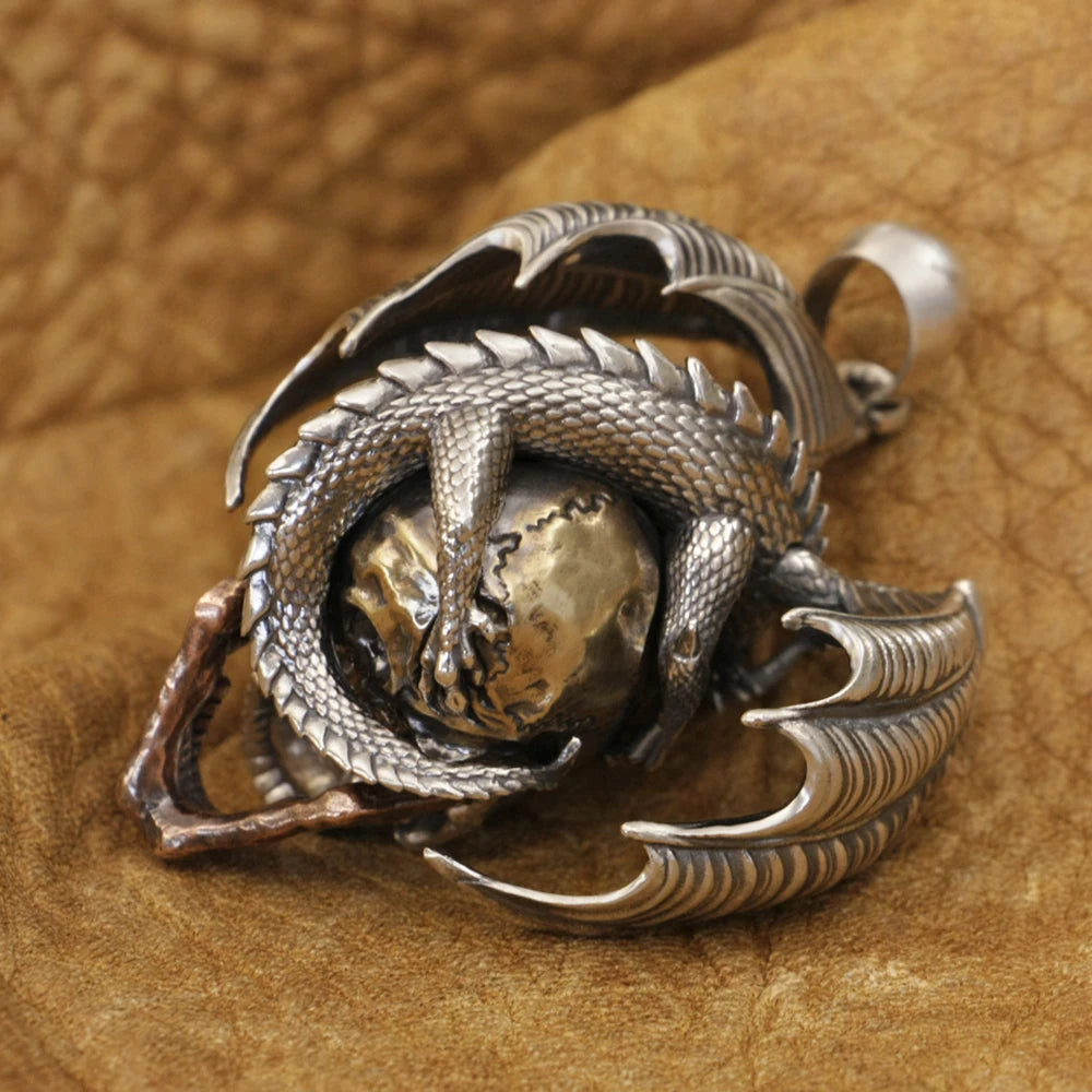 925 Sterling Silver Flying Dragon Punk Skull Pendant Details Biker Jewelry TA380