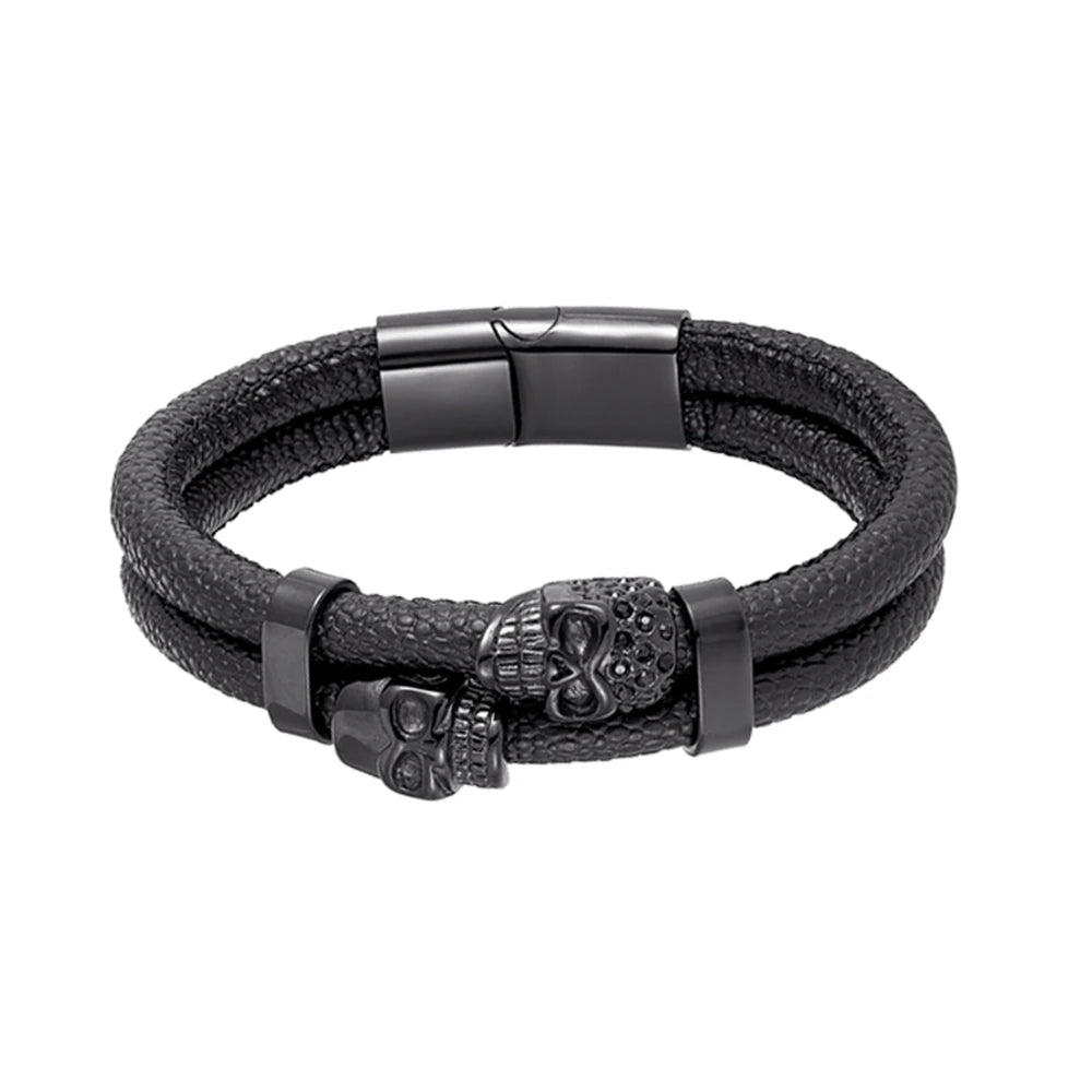 MKENDN Gothic Style Men Vintage Devil Fish Skin Leather Bracelet Double Skull Pave CZ Bracelets Handmade Jewelry Pulseras