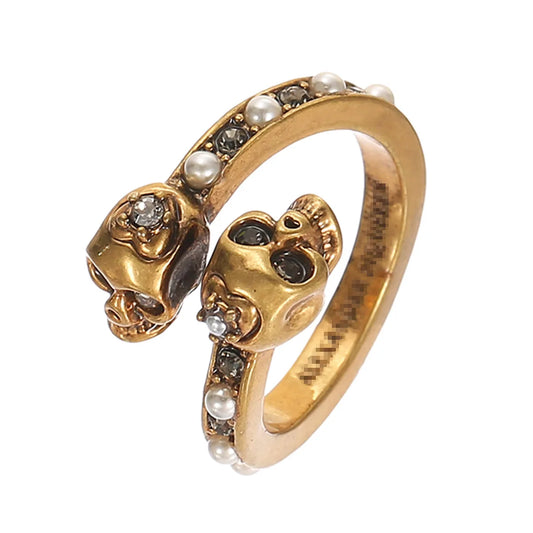 Fashion Crystal Pearl Heart Skull Open Ring Hip Hop Hipster Copper Gold Plated Ring