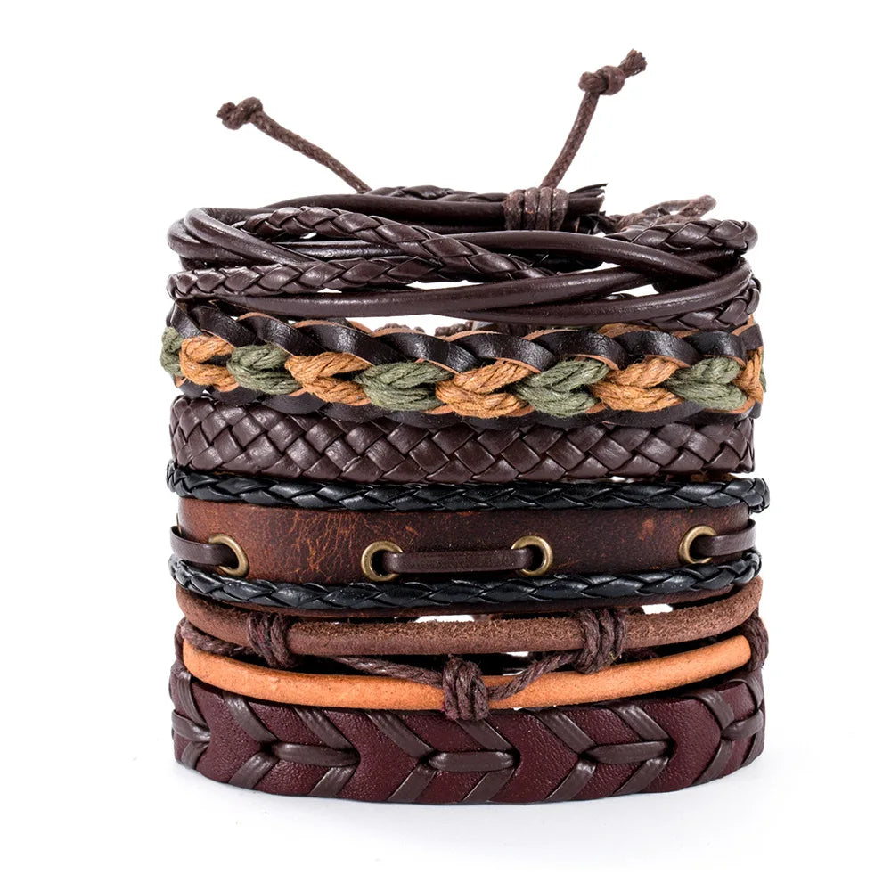 Fashion Viking Punk Bracelet For Men Hand Bracelets Multi-Layer Woven Skull Head Star Accessories Jewelry Leather Set Gifts