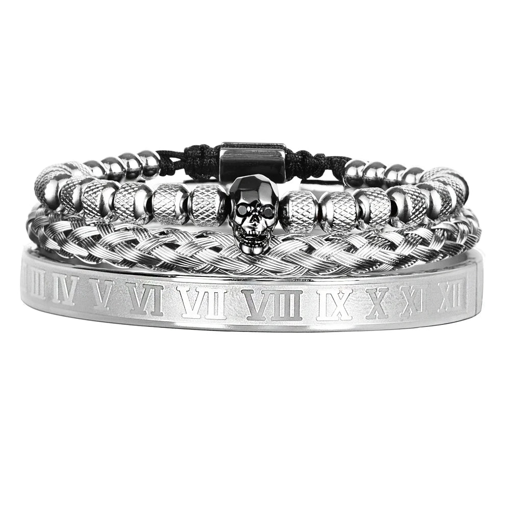 Luxury 3pcs/Set Skull Charm Black Bracelet Stainless Steel  Men Enamel Roman Number Bangles  Europe Fashion Couple Jewelry