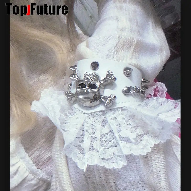 Harajuku Gothic Lolita Y2K subculture, dark punk, gothic, black and white wristband lace bracelet lace skull lace bracelet